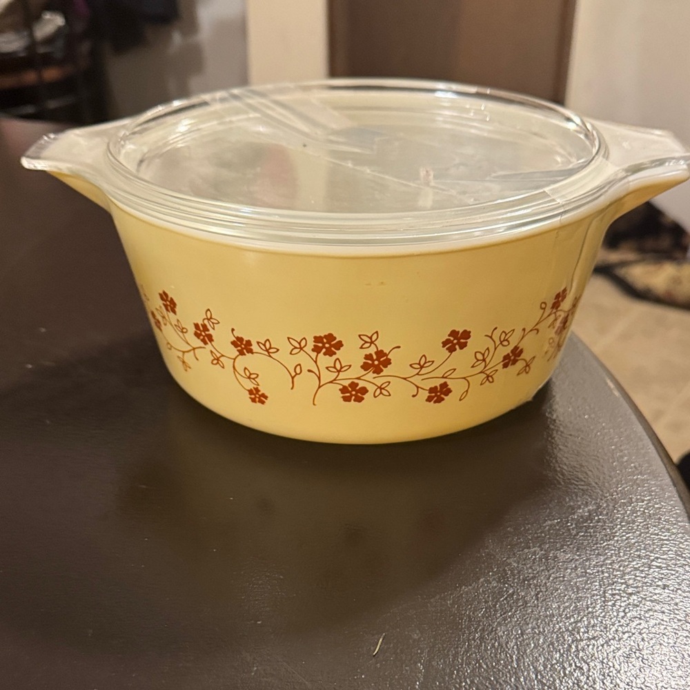 PYREX Vintage Yellow Casserole Dish with Floral Pattern